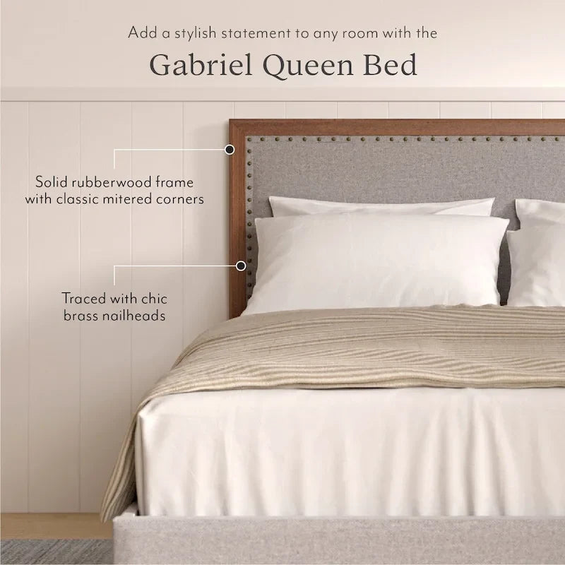 Stoffen tweepersoonsbedframe met spijkervrije hoofdeinde, notenhout afwerking