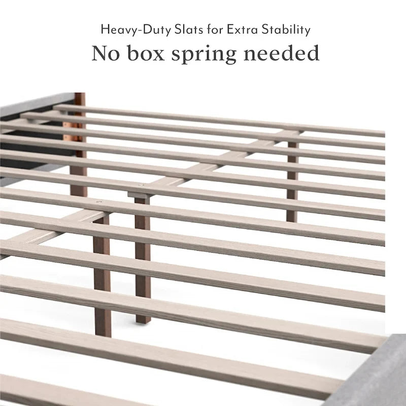 Stoffen tweepersoonsbedframe met spijkervrije hoofdeinde, notenhout afwerking