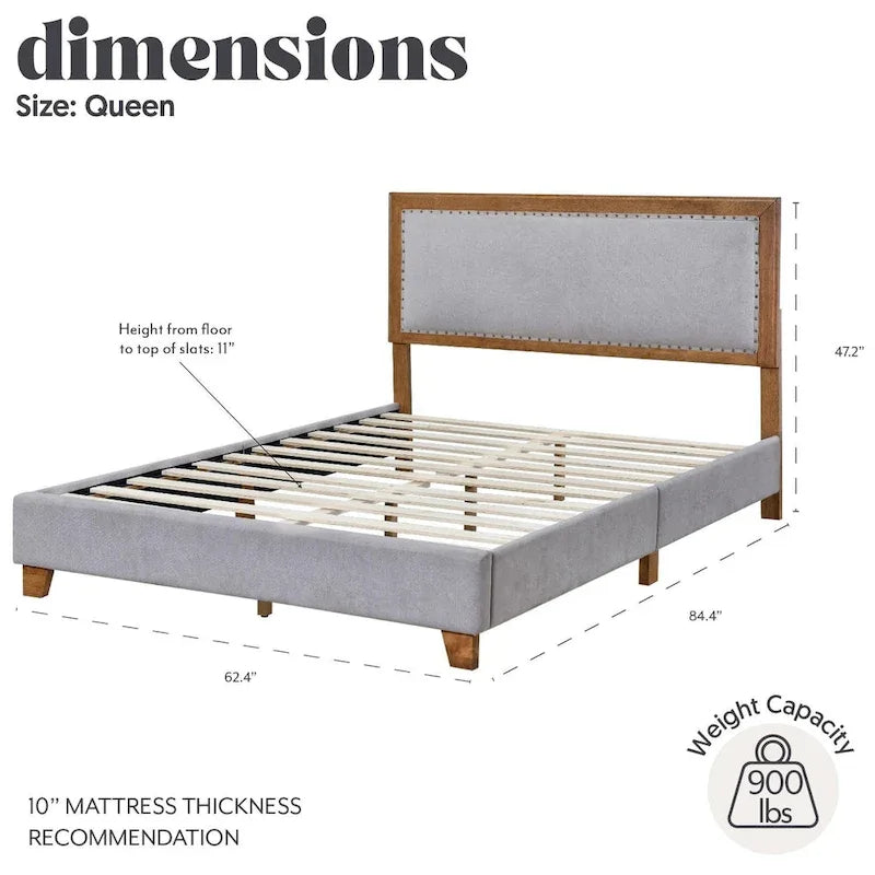Stoffen tweepersoonsbedframe met spijkervrije hoofdeinde, notenhout afwerking