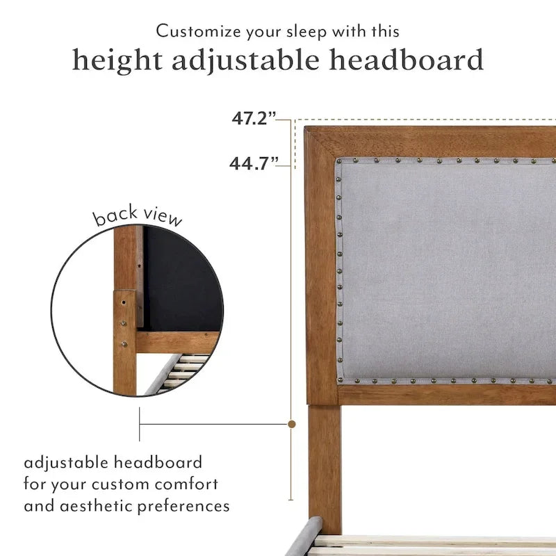 Stoffen tweepersoonsbedframe met spijkervrije hoofdeinde, notenhout afwerking