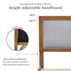Stoffen tweepersoonsbedframe met spijkervrije hoofdeinde, notenhout afwerking