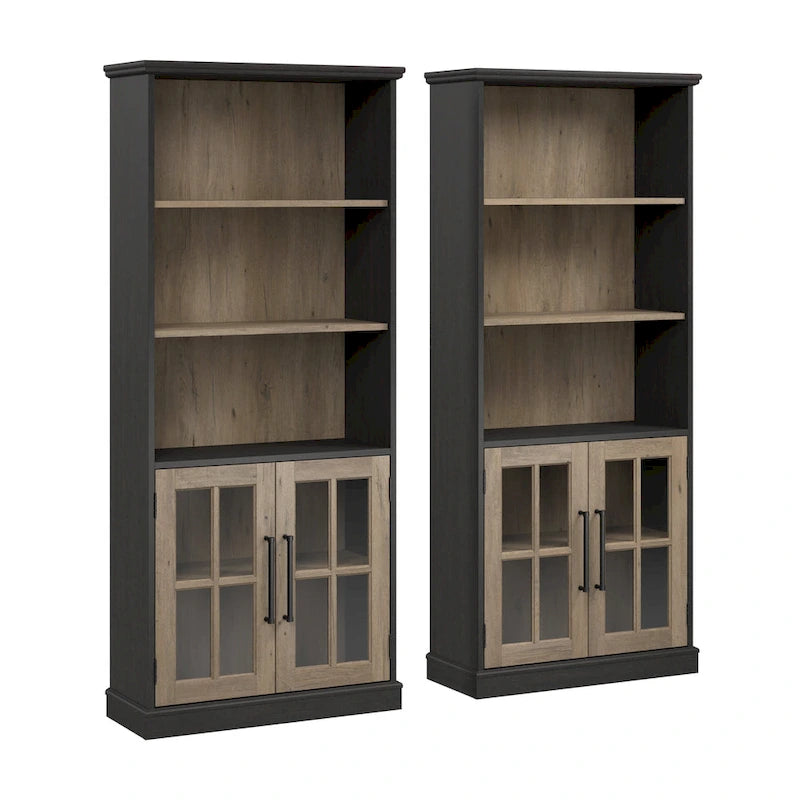 Boekenkast met 5 legplanken en glazen deuren – Set van 2