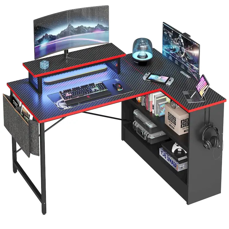 42" L-vormig hoekbureau met ledstrip, monitorstandaard en opbergplanken