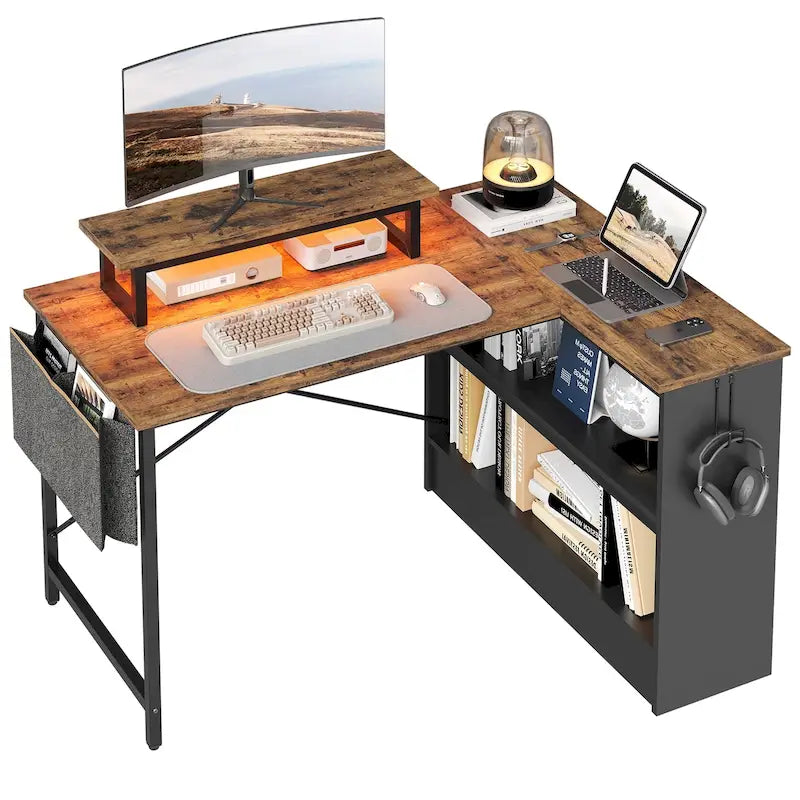 42" L-vormig hoekbureau met ledstrip, monitorstandaard en opbergplanken