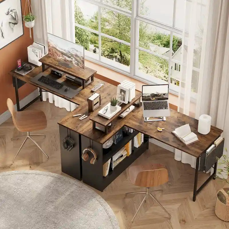 42" L-vormig hoekbureau met ledstrip, monitorstandaard en opbergplanken