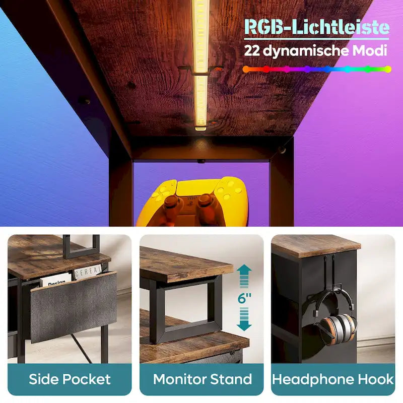 42" L-vormig hoekbureau met ledstrip, monitorstandaard en opbergplanken