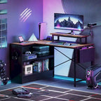 42" L-vormig hoekbureau met ledstrip, monitorstandaard en opbergplanken
