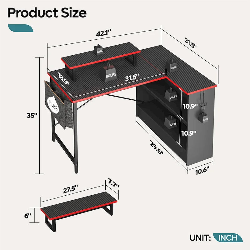 42" L-vormig hoekbureau met ledstrip, monitorstandaard en opbergplanken