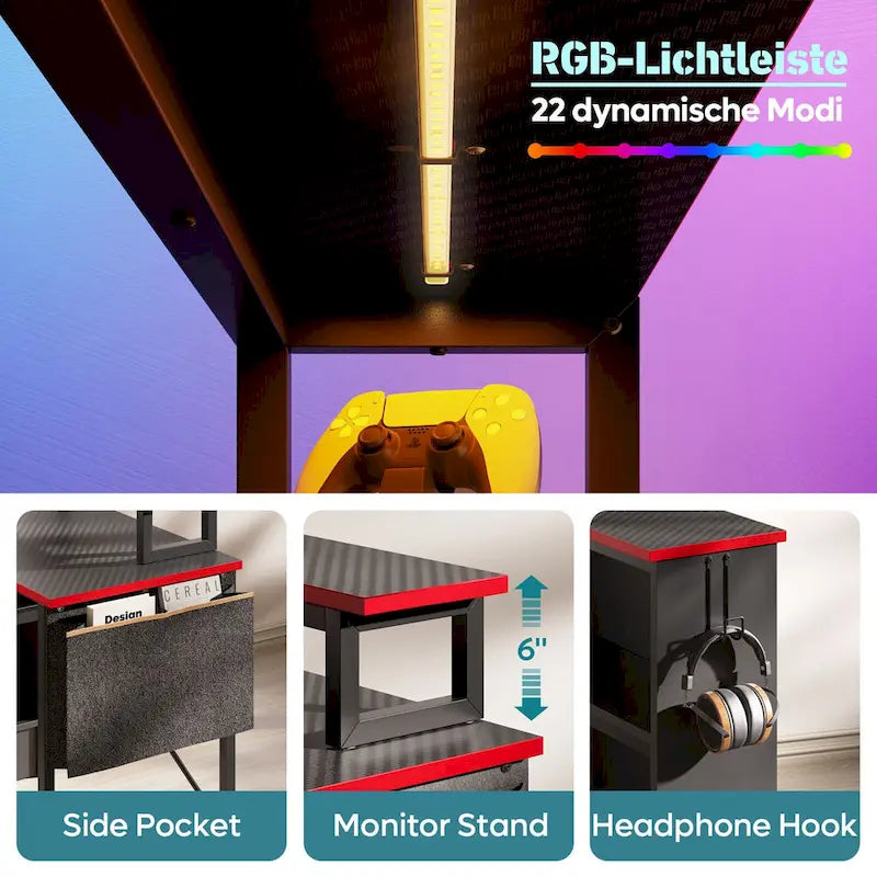 42" L-vormig hoekbureau met ledstrip, monitorstandaard en opbergplanken