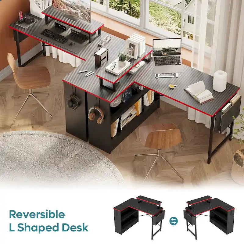 42" L-vormig hoekbureau met ledstrip, monitorstandaard en opbergplanken