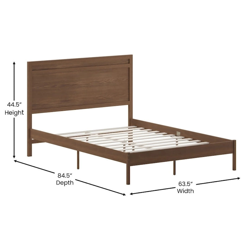 Massief houten platformbed met hoofdbord en houten latten