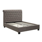 Queenbed met laag profiel en gestoffeerd hoofdbord met knoopstiksels, grijs