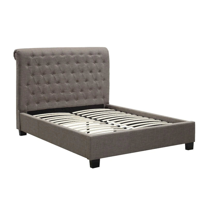 Queenbed met laag profiel en gestoffeerd hoofdbord met knoopstiksels, grijs