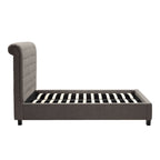 Queenbed met laag profiel en gestoffeerd hoofdbord met knoopstiksels, grijs