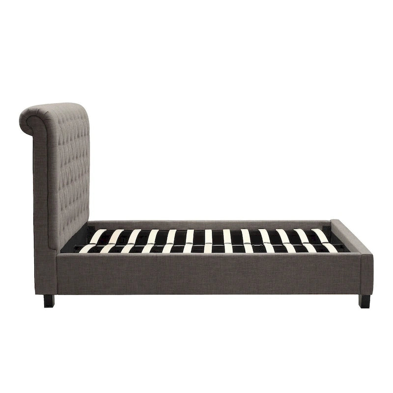 Queenbed met laag profiel en gestoffeerd hoofdbord met knoopstiksels, grijs