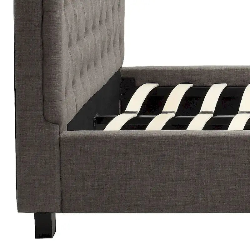 Queenbed met laag profiel en gestoffeerd hoofdbord met knoopstiksels, grijs