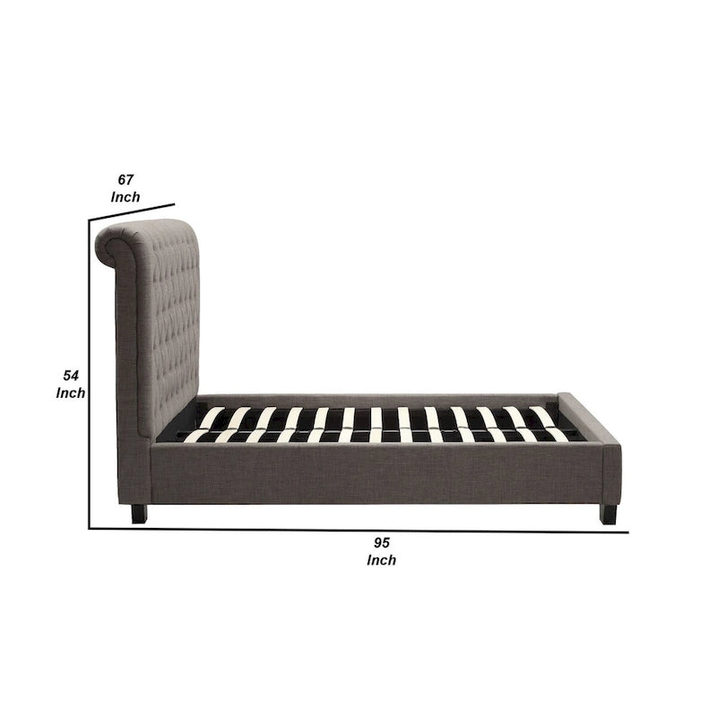 Queenbed met laag profiel en gestoffeerd hoofdbord met knoopstiksels, grijs