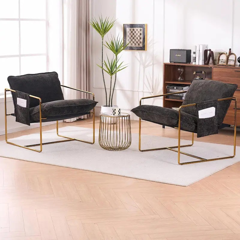 Gestoffeerde Fauteuil met Armzakken en Metalen Frame, Set van 2
