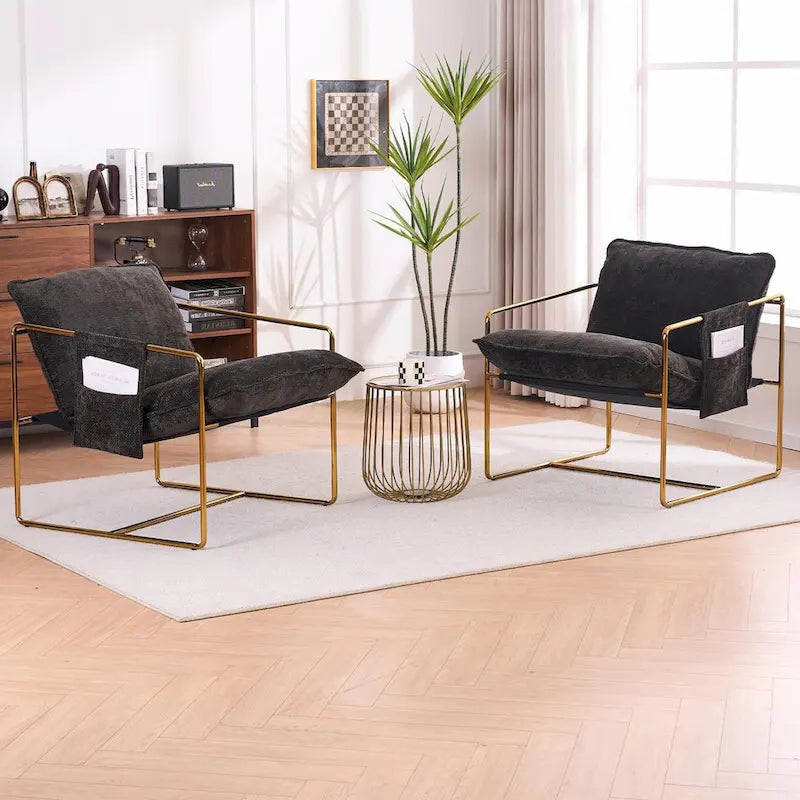 Upholstered Hanging Armchairs with Arm Pockets, Metal Frame,Set of 2