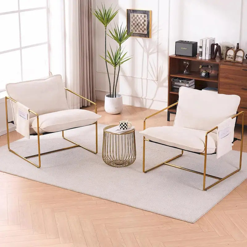 Gestoffeerde Fauteuil met Armzakken en Metalen Frame, Set van 2