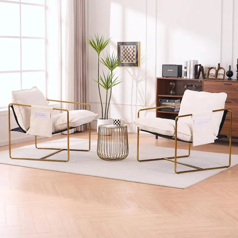Gestoffeerde Fauteuil met Armzakken en Metalen Frame, Set van 2