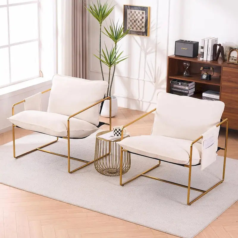 Gestoffeerde Fauteuil met Armzakken en Metalen Frame, Set van 2