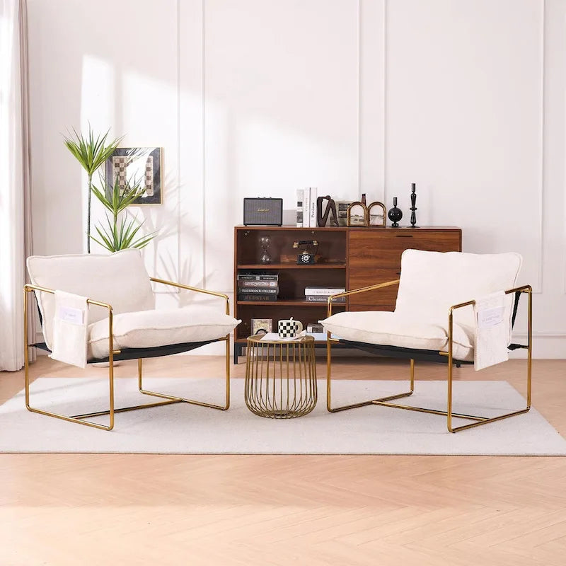 Gestoffeerde Fauteuil met Armzakken en Metalen Frame, Set van 2