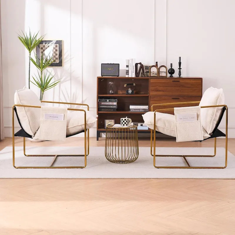 Gestoffeerde Fauteuil met Armzakken en Metalen Frame, Set van 2