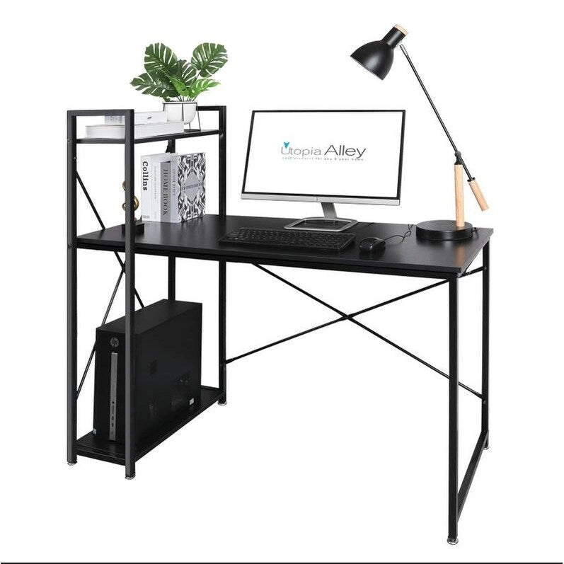 Computerbureau met 4-laags Boekenplank, 120 cm Metalen Frame, Rustiek Bruin & Zwart