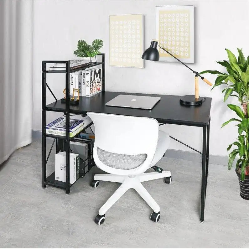 Computerbureau met 4-laags Boekenplank, 120 cm Metalen Frame, Rustiek Bruin & Zwart