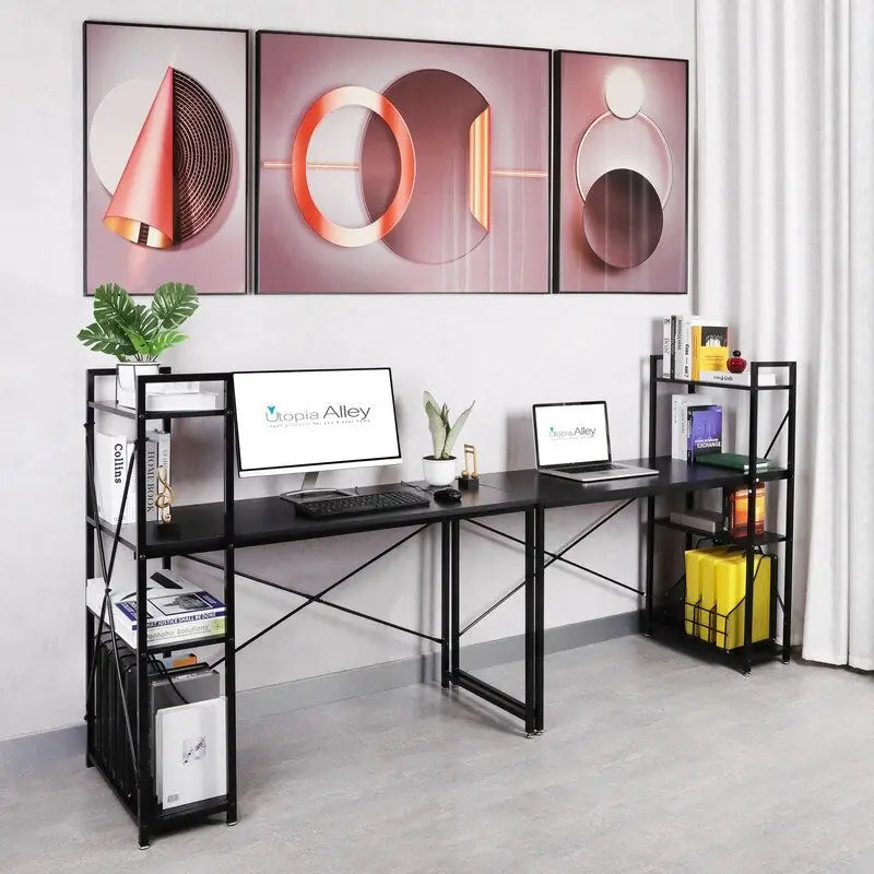 Computerbureau met 4-laags Boekenplank, 120 cm Metalen Frame, Rustiek Bruin & Zwart