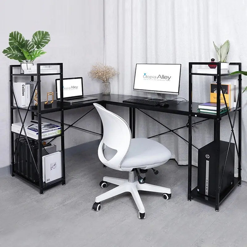 Computerbureau met 4-laags Boekenplank, 120 cm Metalen Frame, Rustiek Bruin & Zwart