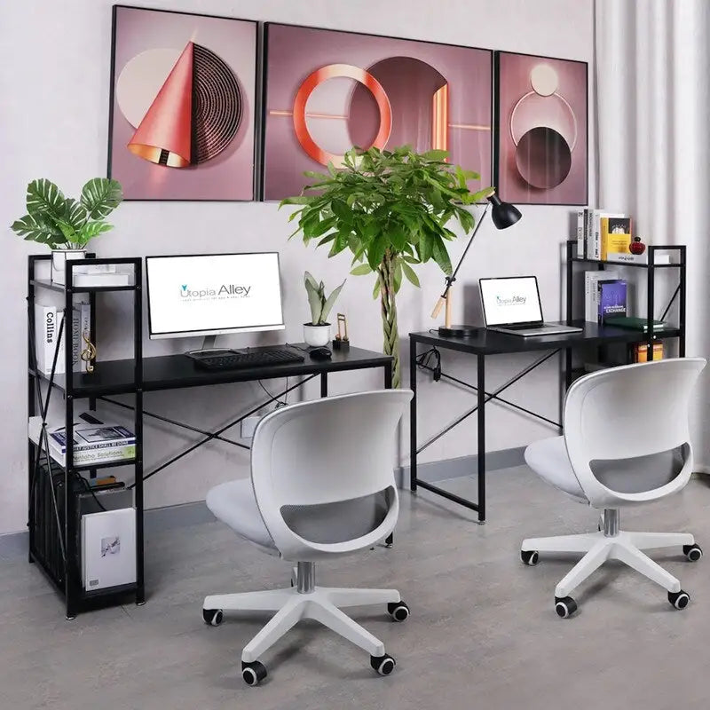 Computerbureau met 4-laags Boekenplank, 120 cm Metalen Frame, Rustiek Bruin & Zwart