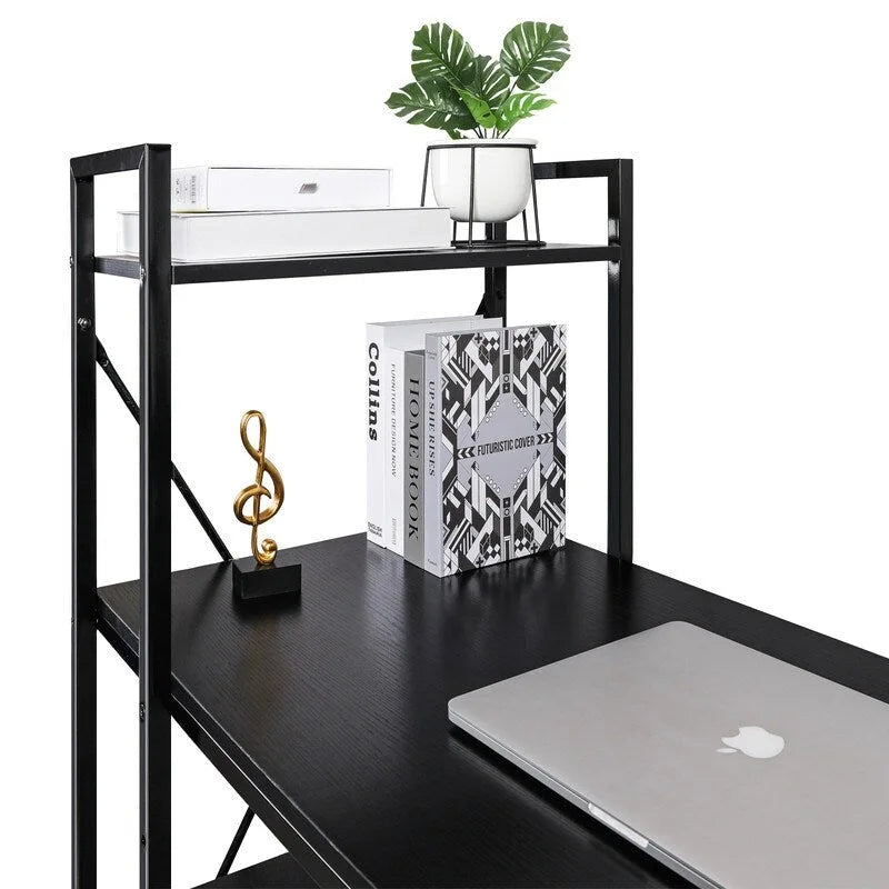 Computerbureau met 4-laags Boekenplank, 120 cm Metalen Frame, Rustiek Bruin & Zwart