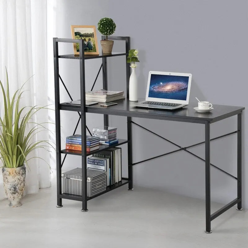 Computerbureau met 4-laags Boekenplank, 120 cm Metalen Frame, Rustiek Bruin & Zwart