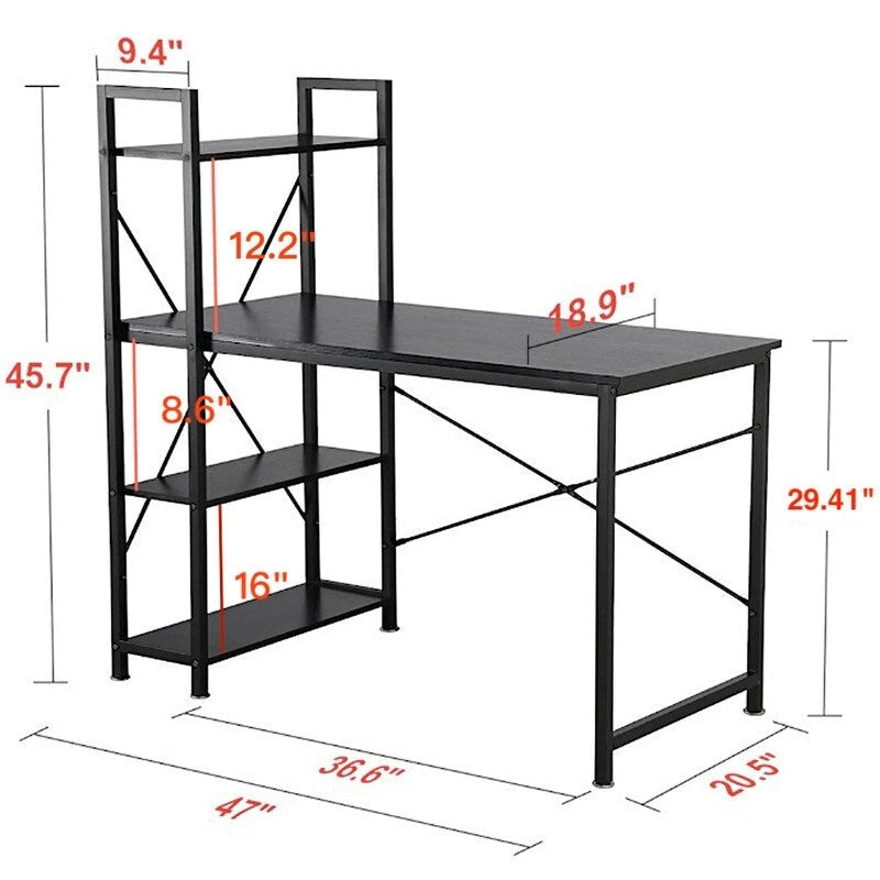 Computerbureau met 4-laags Boekenplank, 120 cm Metalen Frame, Rustiek Bruin & Zwart