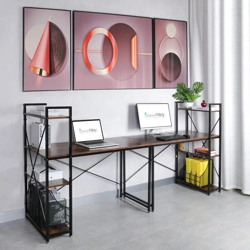 Computerbureau met 4-laags Boekenplank, 120 cm Metalen Frame, Rustiek Bruin & Zwart