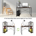 Computerbureau met 4-laags Boekenplank, 120 cm Metalen Frame, Rustiek Bruin & Zwart