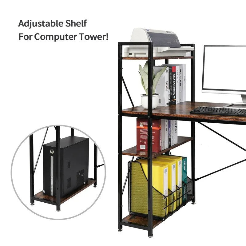 Computerbureau met 4-laags Boekenplank, 120 cm Metalen Frame, Rustiek Bruin & Zwart