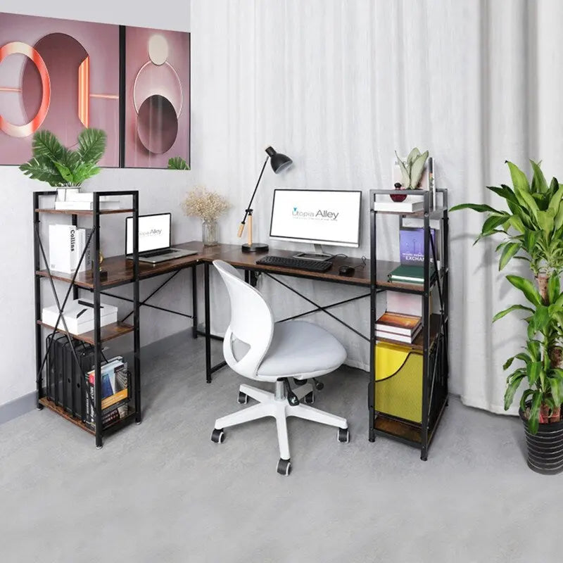 Computerbureau met 4-laags Boekenplank, 120 cm Metalen Frame, Rustiek Bruin & Zwart