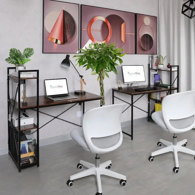 Computerbureau met 4-laags Boekenplank, 120 cm Metalen Frame, Rustiek Bruin & Zwart