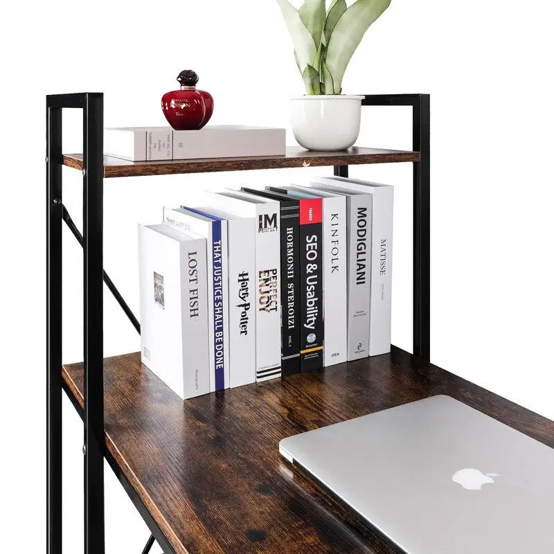 Computerbureau met 4-laags Boekenplank, 120 cm Metalen Frame, Rustiek Bruin & Zwart