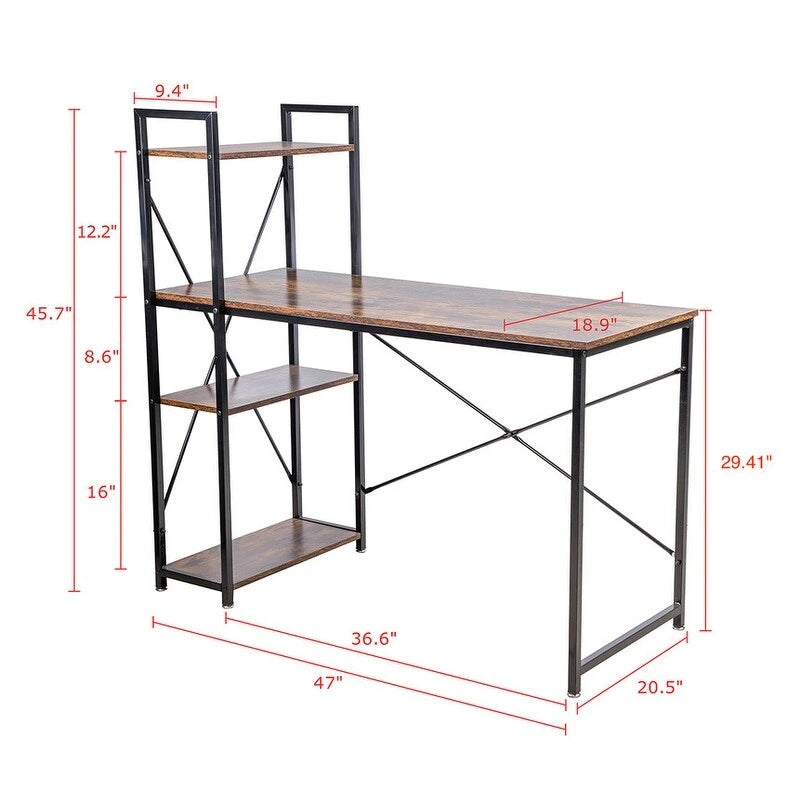 Computerbureau met 4-laags Boekenplank, 120 cm Metalen Frame, Rustiek Bruin & Zwart