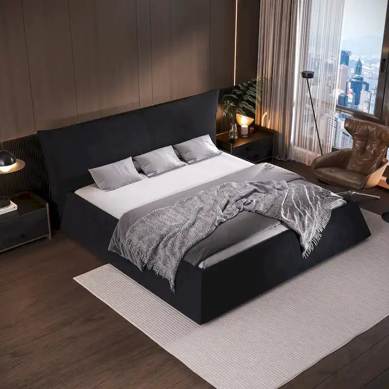 Kingsize gestoffeerd fluwelen platformbed met gestoffeerd hoofdbord